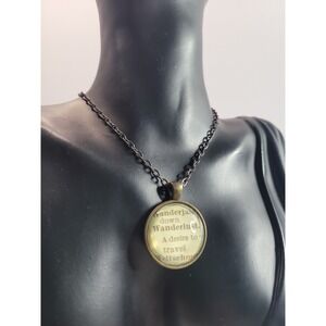 Wanderlust Necklace Dictionary Definition Travel Pendant Bronze Tone Boho
